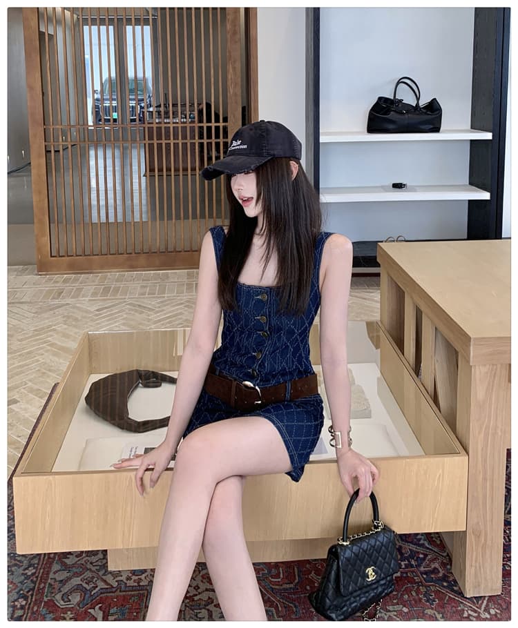 실사 파란색 체크무늬 데님 슬립 여성 드레스 여름 작은 키 섹시함 순수한 욕망 아름다운 몸매 가꾸기 타이트 스커트 미니 스커트 상세 이미지 15