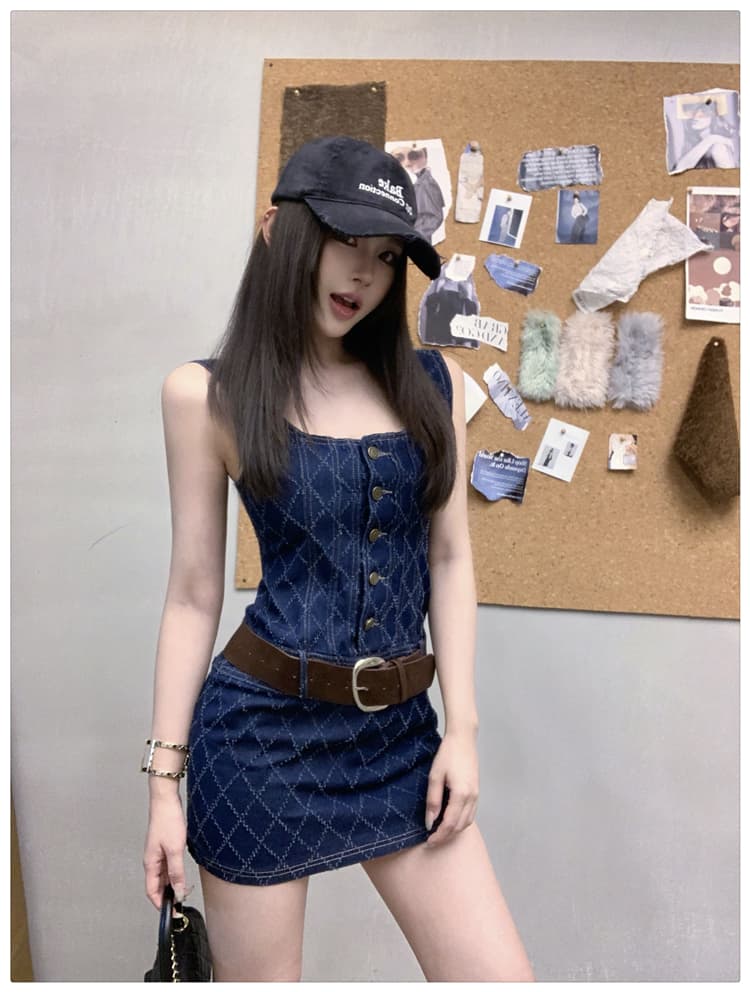 실사 파란색 체크무늬 데님 슬립 여성 드레스 여름 작은 키 섹시함 순수한 욕망 아름다운 몸매 가꾸기 타이트 스커트 미니 스커트 상세 이미지 16