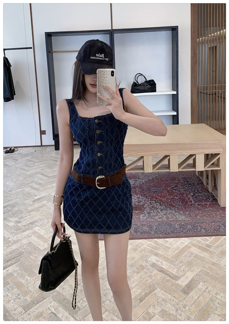실사 파란색 체크무늬 데님 슬립 여성 드레스 여름 작은 키 섹시함 순수한 욕망 아름다운 몸매 가꾸기 타이트 스커트 미니 스커트 상세 이미지 20