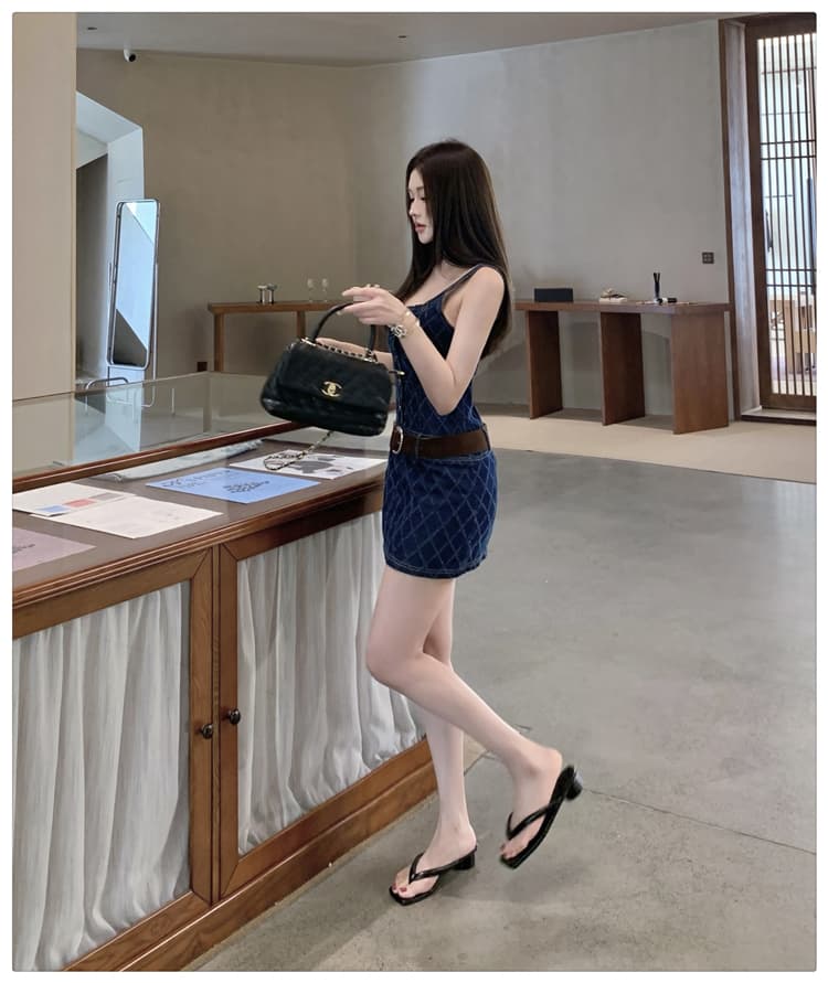 실사 파란색 체크무늬 데님 슬립 여성 드레스 여름 작은 키 섹시함 순수한 욕망 아름다운 몸매 가꾸기 타이트 스커트 미니 스커트 상세 이미지 21