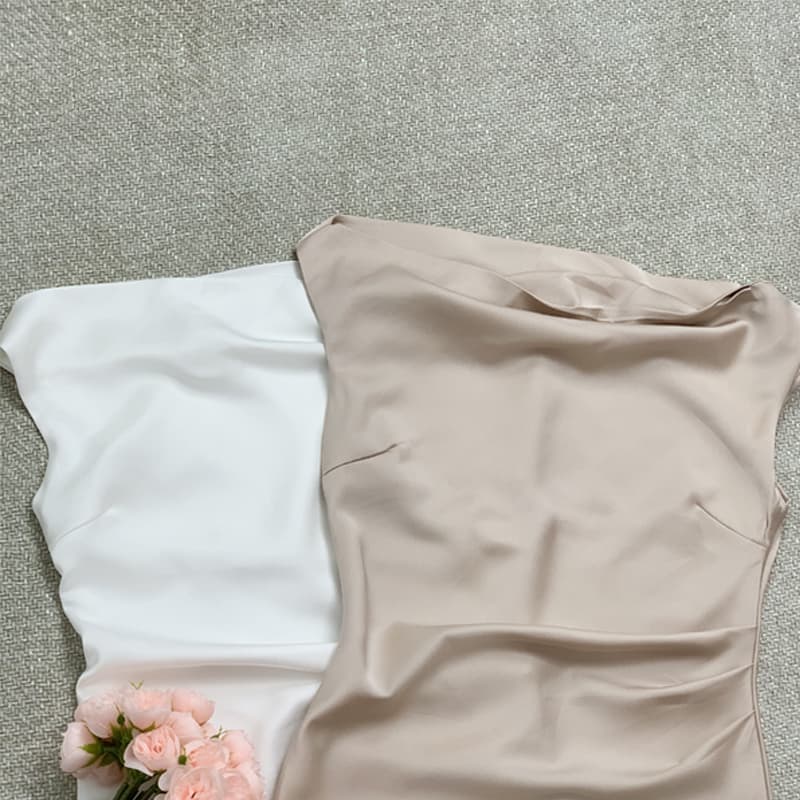 실사 흔들다 칼라 비스듬한 어깨 드레스 프랑스식 품격 허리 수축 고급 센스 인어 꼬리 스커트 여성 여름 새틴 오프숄더 작은 드레스 이미지 6