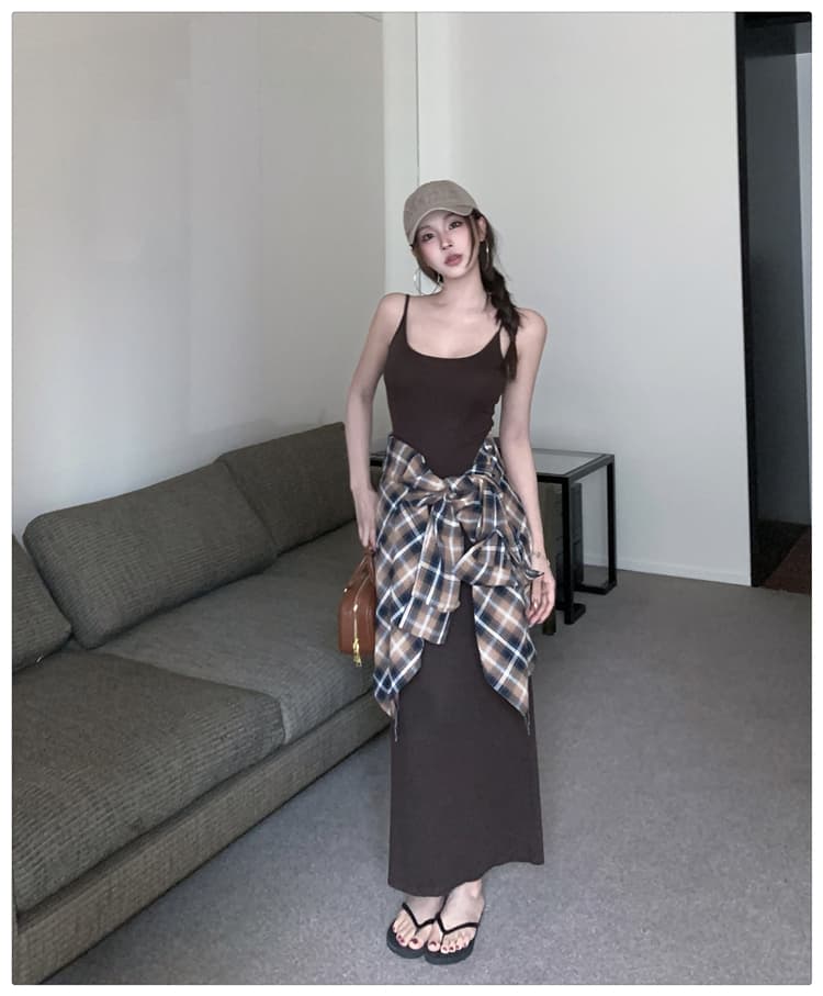 이른 가을 분위기 센스 착용 가져 가라. 여성 느긋한 바람 격자 무늬 셔츠 슬립 치마 세트 품격 슬림해 보이는 드레스 투피스 세트 상세 이미지 19