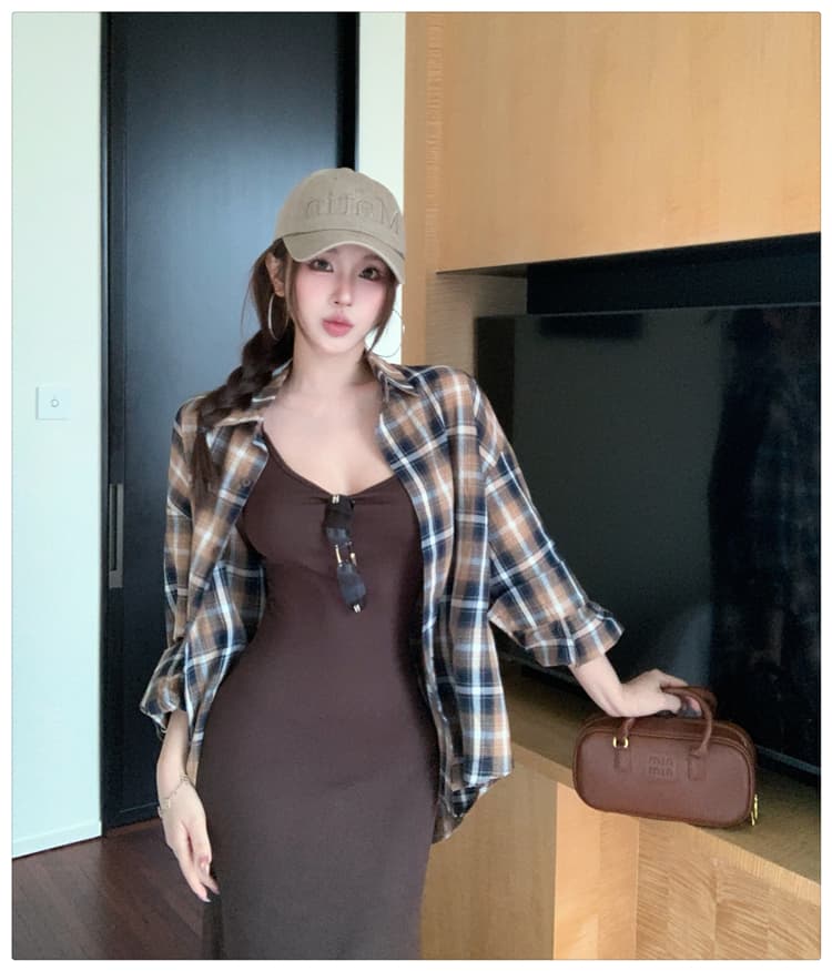 이른 가을 분위기 센스 착용 가져 가라. 여성 느긋한 바람 격자 무늬 셔츠 슬립 치마 세트 품격 슬림해 보이는 드레스 투피스 세트 상세 이미지 22