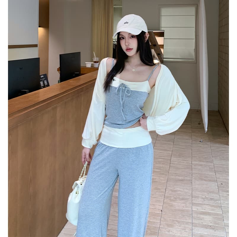 한 부서 느긋한 chic 세트 느슨함 센스 긴팔 오픈 가디건 슬립 하이웨이스트 와이드 레그 팬츠 캐주얼 세 조각 여성 세트 이른 가을 이미지 6