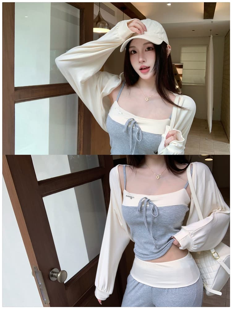 한 부서 느긋한 chic 세트 느슨함 센스 긴팔 오픈 가디건 슬립 하이웨이스트 와이드 레그 팬츠 캐주얼 세 조각 여성 세트 이른 가을 상세 이미지 16