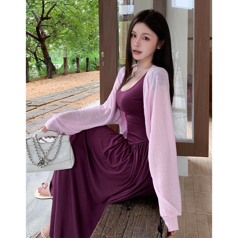 2026 이른 가을 착용 가져 가라. 전체 집합 순수한 욕망 바람 오픈 가디건 반팔 여성 드레스 부드러운 바람 허리 수축 슬림해 보이는 투피스 세트 이미지 4