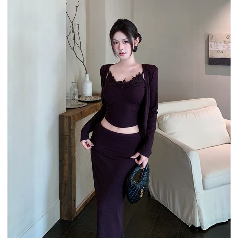 실사 가을 의상 순수한 욕망 자매 센스 오픈 가디건 레이스 측면 슬립 뒤집다 허리 반신 치마 세트 여성 패션 다용도 3종 세트 이미지 2