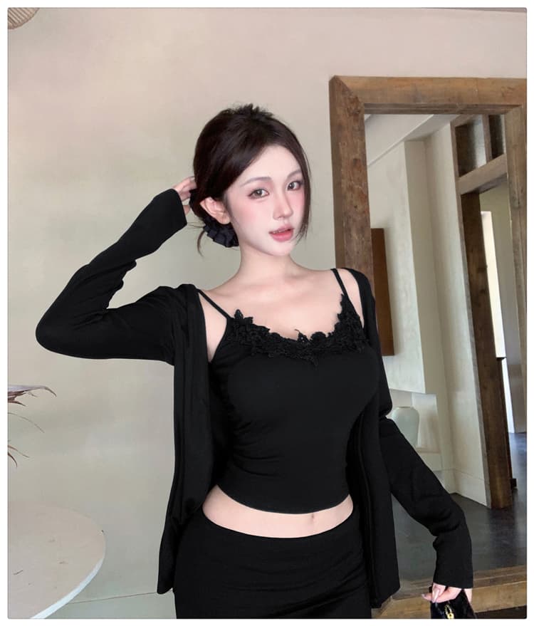 실사 가을 의상 순수한 욕망 자매 센스 오픈 가디건 레이스 측면 슬립 뒤집다 허리 반신 치마 세트 여성 패션 다용도 3종 세트 상세 이미지 17
