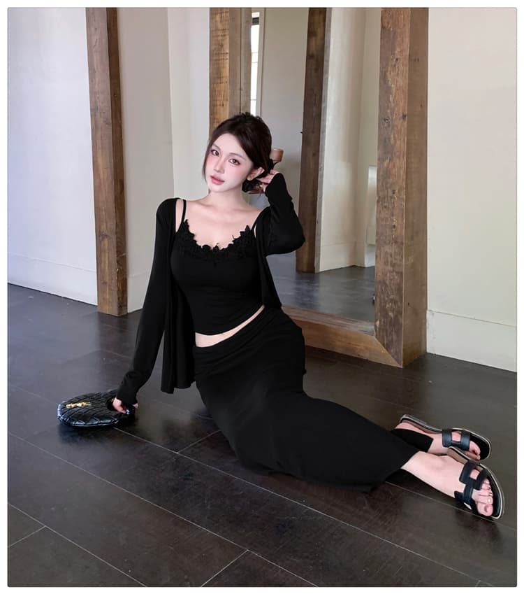 실사 가을 의상 순수한 욕망 자매 센스 오픈 가디건 레이스 측면 슬립 뒤집다 허리 반신 치마 세트 여성 패션 다용도 3종 세트 상세 이미지 20