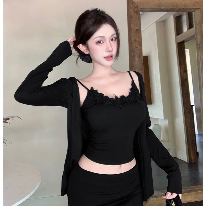 실사 가을 의상 순수한 욕망 자매 센스 오픈 가디건 레이스 측면 슬립 뒤집다 허리 반신 치마 세트 여성 패션 다용도 3종 세트 이미지 5