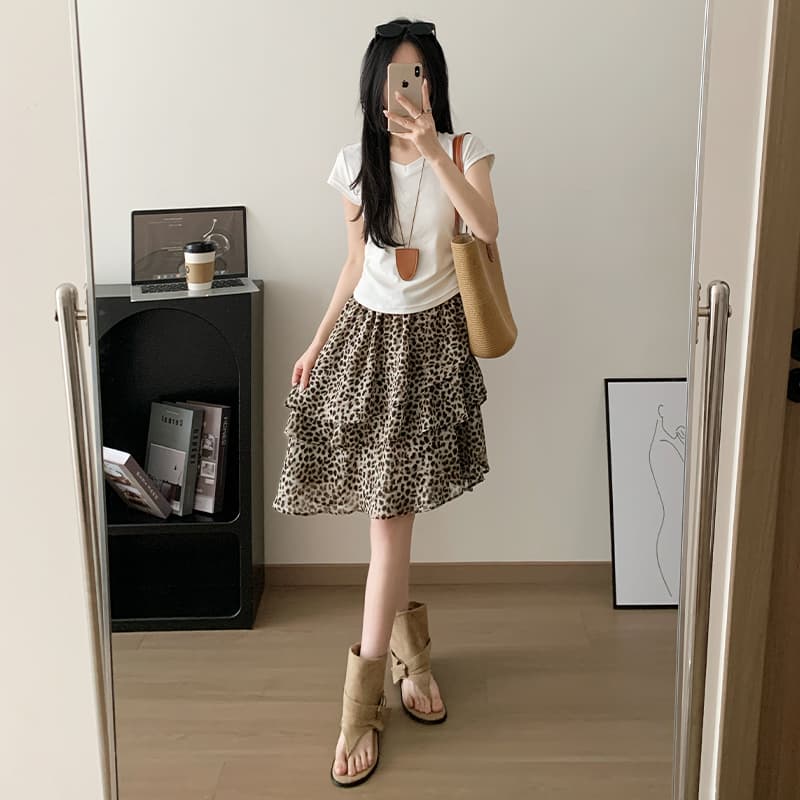 실사 2026 현대 불규칙 프릴 레오파드 무늬 섹시함 봄 여름 프랑스식 도트 무늬 쉬폰 케이크 드레스 반신 스커트 이미지 5