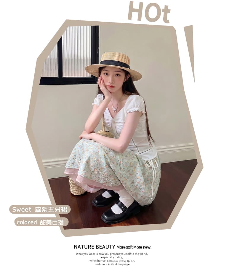 실사 굳어진 녹색 배 꽃무늬 자수 패치워크 색상 허리밴드 귀여운 연령 감소 녹색 여름 다용도 반 스커트 상세 이미지 3