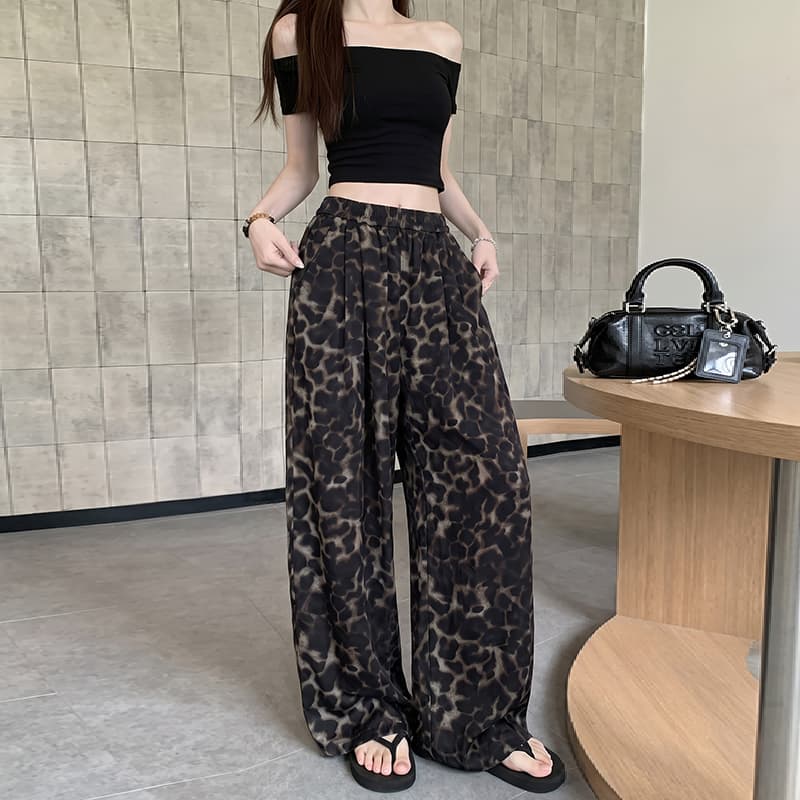 실사 레오파드 무늬 얼음 실크 와이드 레깅스 바지 여름 하이웨이스트 표지 넓적 다리 슬림해 보이는 도루 센스 캐주얼 바지 루즈핏 차가운 센스 바닥 청소 긴 바지 이미지 5