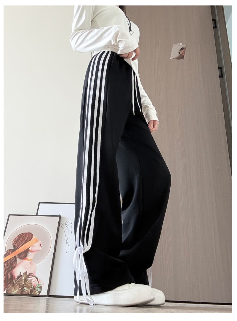 실사 가을 겨울 화이트 회색 아메리칸 패치워크 나비 매듭 연령 감소 허리밴드 좁은 에디션 캐주얼 와이드 레그 팬츠 상세 이미지 11