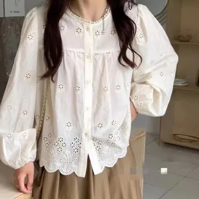 한 부서 ins 바람 긴팔 셔츠 봄 가을 새로운 프랑스식 레트로 홀로우 아웃 자수 루즈핏 슬림해 보이는 맨위 상세 이미지 1