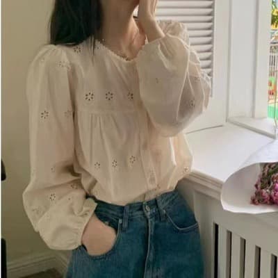 한 부서 ins 바람 긴팔 셔츠 봄 가을 새로운 프랑스식 레트로 홀로우 아웃 자수 루즈핏 슬림해 보이는 맨위 상세 이미지 2