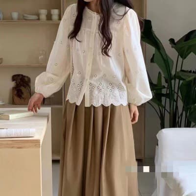 한 부서 ins 바람 긴팔 셔츠 봄 가을 새로운 프랑스식 레트로 홀로우 아웃 자수 루즈핏 슬림해 보이는 맨위 상세 이미지 3