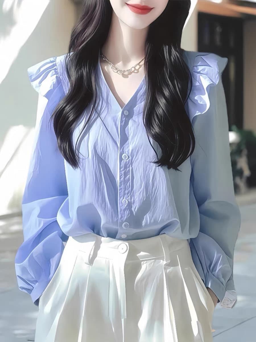 면 100% 빛 럭셔리 고급 센스 프랑스식 작은 대중 아름다운 파란색 긴팔 여성 셔츠 조기 봄 이미지 2