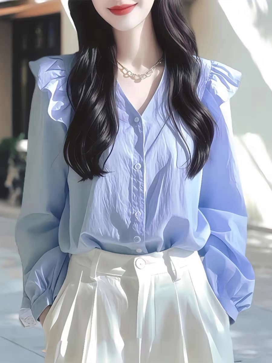 면 100% 빛 럭셔리 고급 센스 프랑스식 작은 대중 아름다운 파란색 긴팔 여성 셔츠 조기 봄 이미지 3