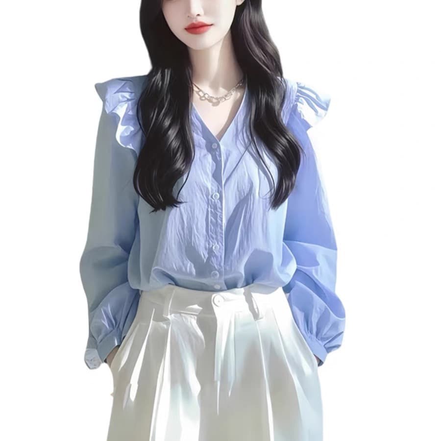 면 100% 빛 럭셔리 고급 센스 프랑스식 작은 대중 아름다운 파란색 긴팔 여성 셔츠 조기 봄 상세 이미지 1