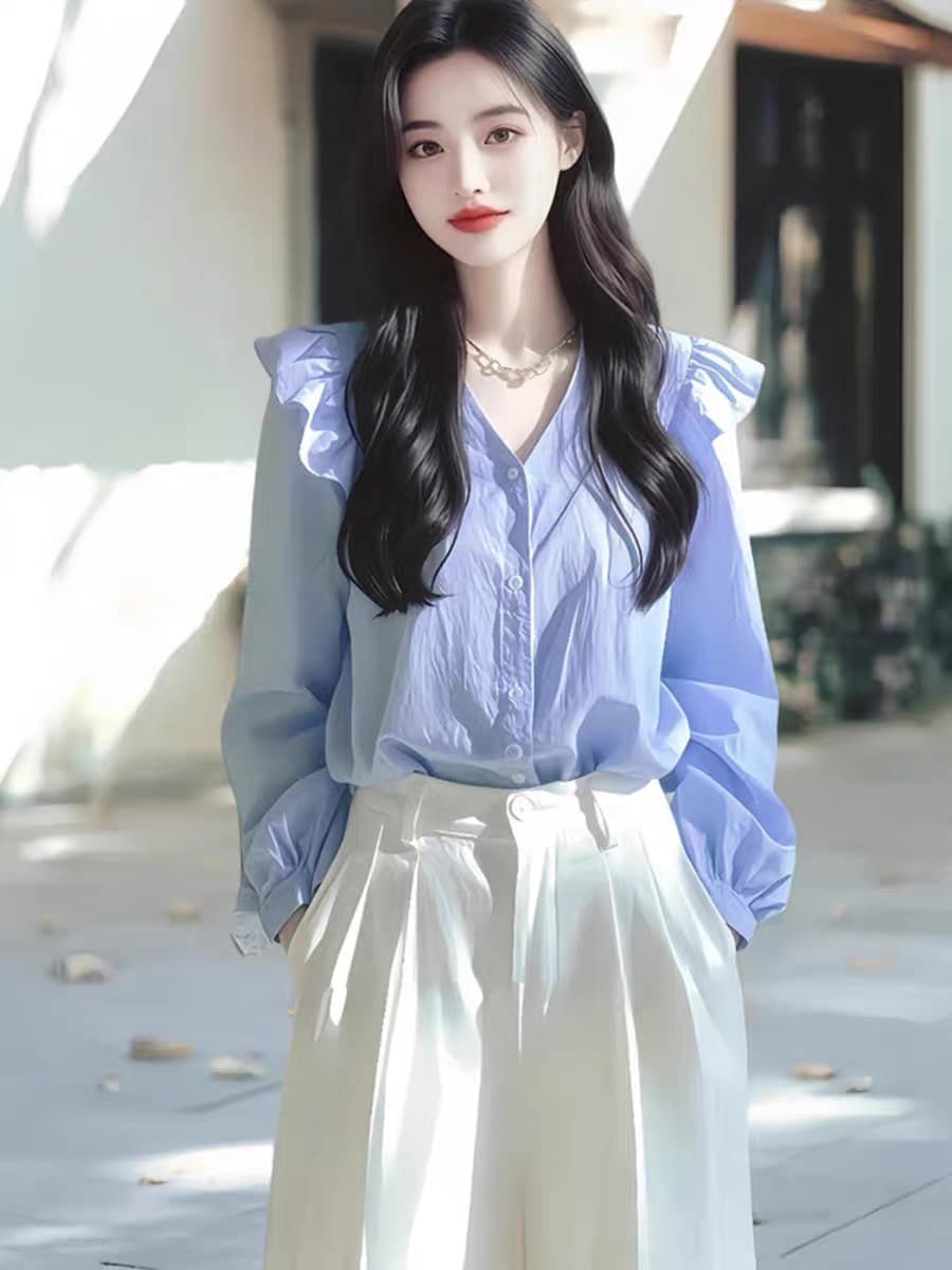 면 100% 빛 럭셔리 고급 센스 프랑스식 작은 대중 아름다운 파란색 긴팔 여성 셔츠 조기 봄 상세 이미지 3