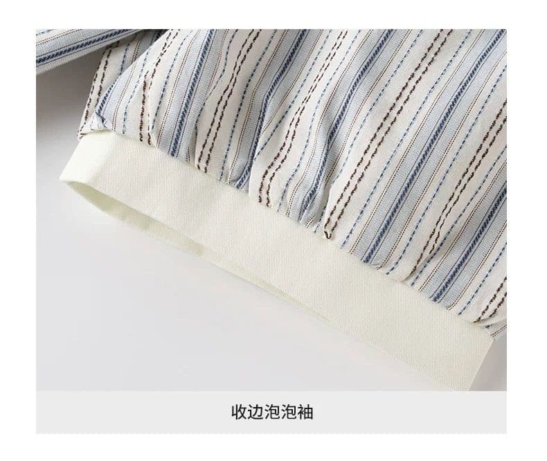 일본식 순면 달콤함 베이비 칼라 스트라이프 반팔 셔츠 클래식 주름 패치워크 디자인 2026 년 여름 새로운 상세 이미지 5