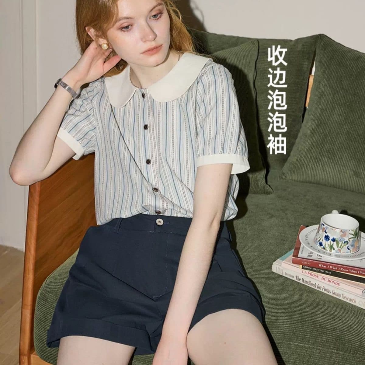 일본식 순면 달콤함 베이비 칼라 스트라이프 반팔 셔츠 클래식 주름 패치워크 디자인 2026 년 여름 새로운 상세 이미지 11