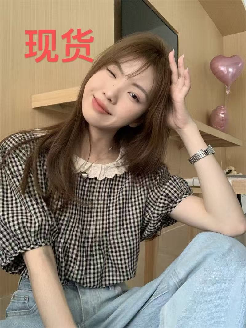 빅 사이즈 거품 소매 레이스 체크무늬 여성 셔츠 여름 프랑스식 작은 대중 풀오버 루즈핏 외출용 반팔 맨위