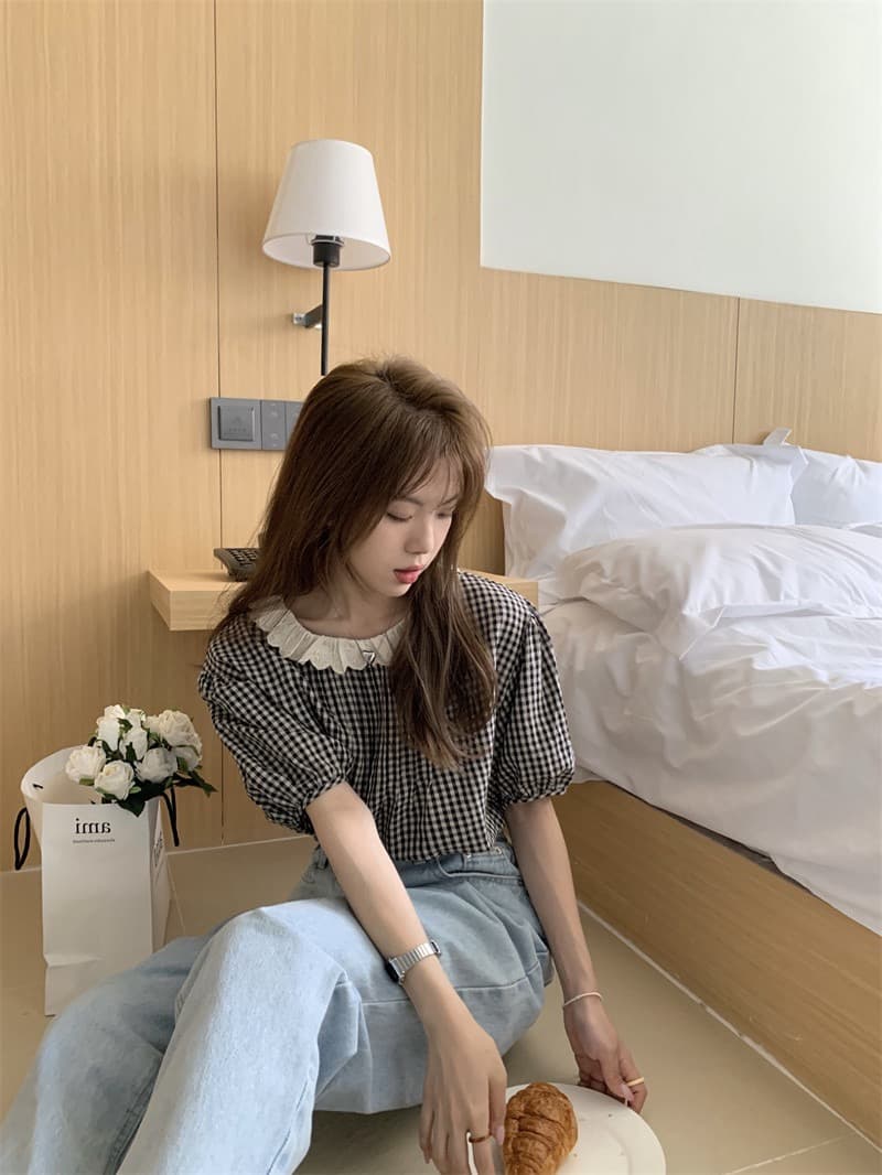빅 사이즈 거품 소매 레이스 체크무늬 여성 셔츠 여름 프랑스식 작은 대중 풀오버 루즈핏 외출용 반팔 맨위 이미지 4