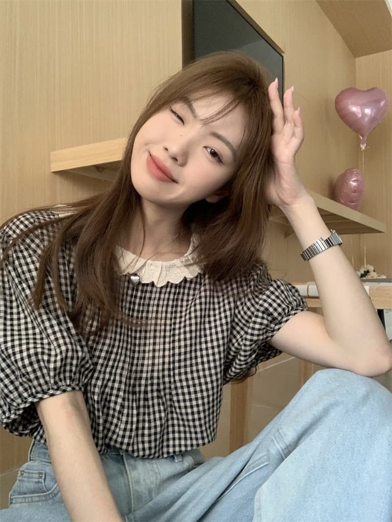 빅 사이즈 거품 소매 레이스 체크무늬 여성 셔츠 여름 프랑스식 작은 대중 풀오버 루즈핏 외출용 반팔 맨위 상세 이미지 1