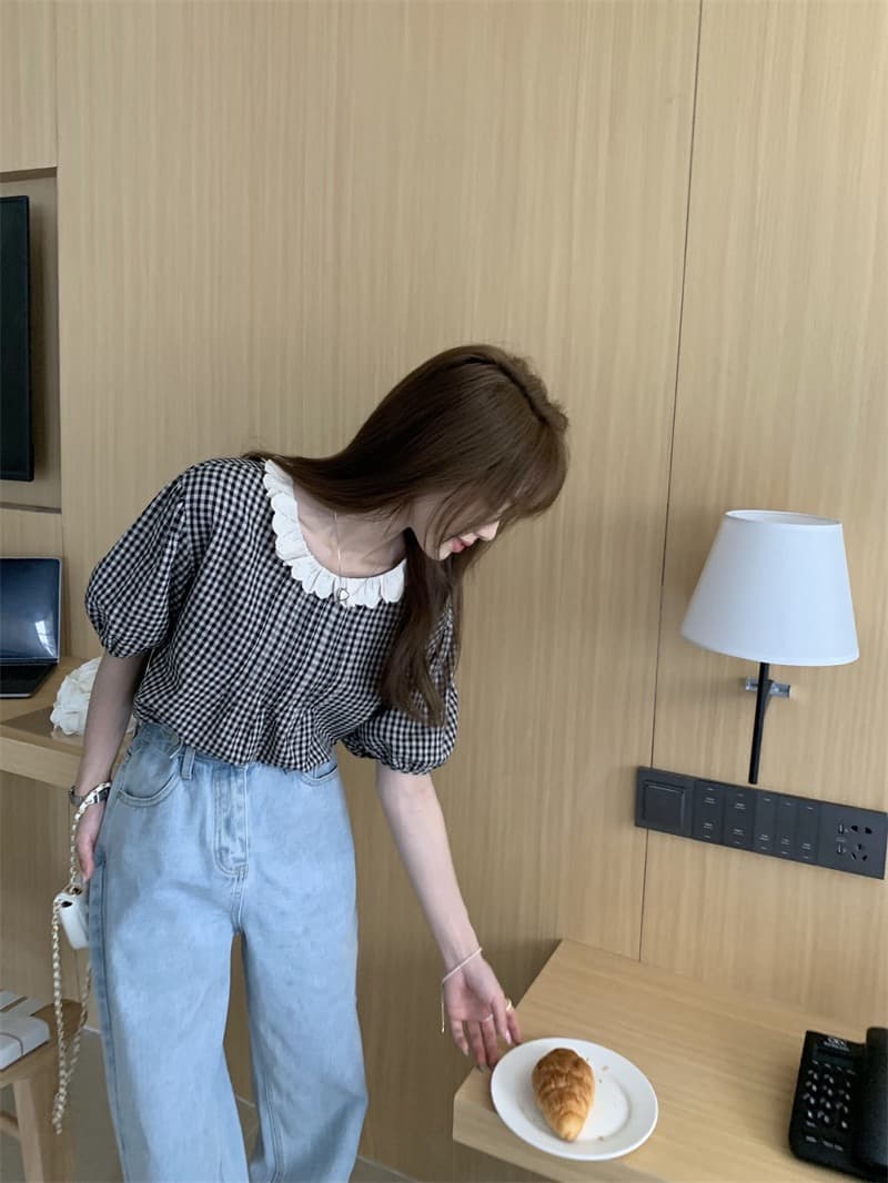 빅 사이즈 거품 소매 레이스 체크무늬 여성 셔츠 여름 프랑스식 작은 대중 풀오버 루즈핏 외출용 반팔 맨위 상세 이미지 5