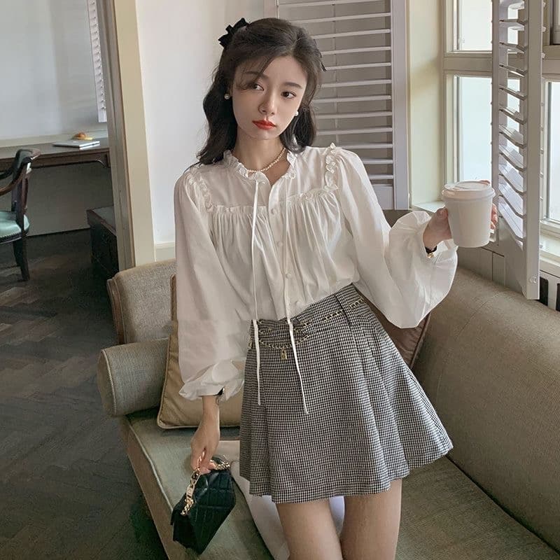 프랑스식 나비 매듭 여성 셔츠 이른 봄 Chic 인사이드 가져 가라. 셔츠 레이스업 파란색 고급 센스 스택 착용 맨위 이미지 5