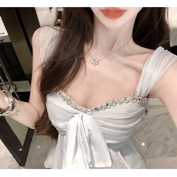 나비 매듭 스트랩 다이아몬드 세팅 슬립 작은 조끼 여성 여름 몸매 가꾸기 민소매 외출용 디자인 센스 파란색 품격 맨위 이미지 3