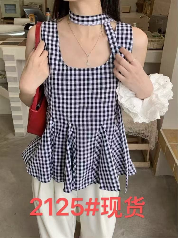 같이 갔다. 벨트 측면 칼라 조끼 여성 여름 작은 셔츠 얇은 스타일 루즈핏 작은 대중 디자인 센스 체크무늬 외출용 멜빵 맨위