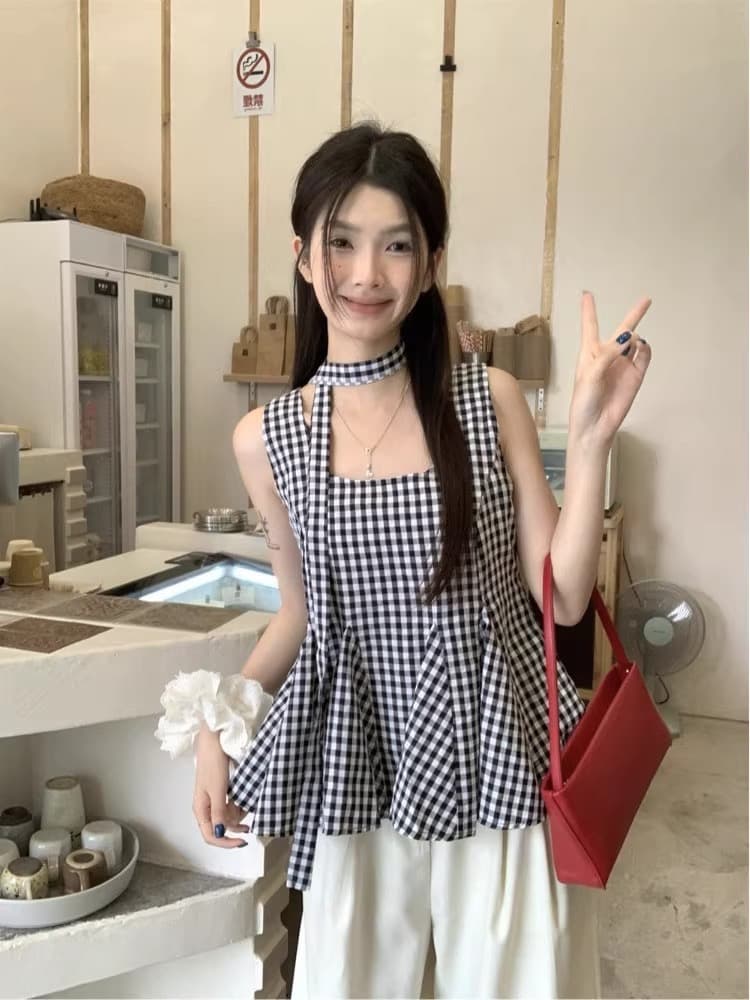 같이 갔다. 벨트 측면 칼라 조끼 여성 여름 작은 셔츠 얇은 스타일 루즈핏 작은 대중 디자인 센스 체크무늬 외출용 멜빵 맨위 이미지 3