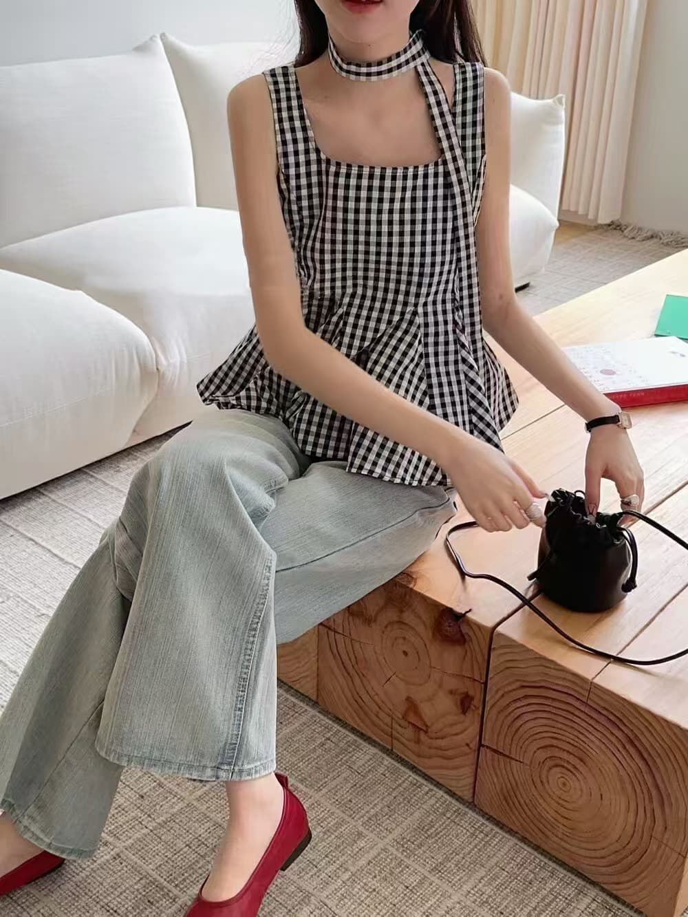 같이 갔다. 벨트 측면 칼라 조끼 여성 여름 작은 셔츠 얇은 스타일 루즈핏 작은 대중 디자인 센스 체크무늬 외출용 멜빵 맨위 이미지 2