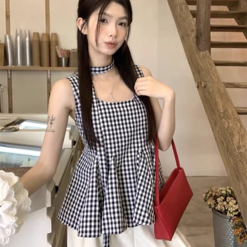 같이 갔다. 벨트 측면 칼라 조끼 여성 여름 작은 셔츠 얇은 스타일 루즈핏 작은 대중 디자인 센스 체크무늬 외출용 멜빵 맨위 이미지 5