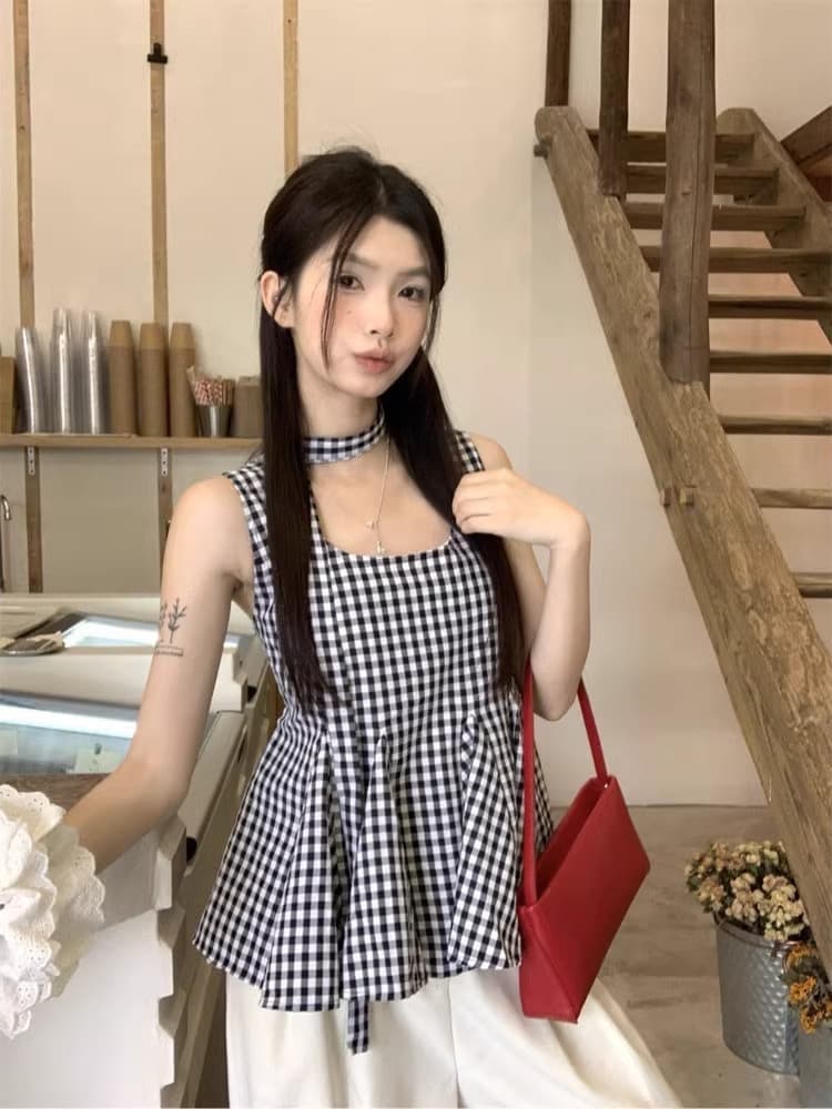 같이 갔다. 벨트 측면 칼라 조끼 여성 여름 작은 셔츠 얇은 스타일 루즈핏 작은 대중 디자인 센스 체크무늬 외출용 멜빵 맨위 상세 이미지 1
