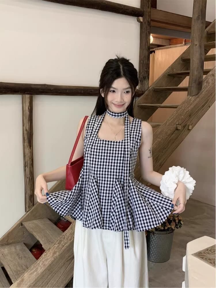 같이 갔다. 벨트 측면 칼라 조끼 여성 여름 작은 셔츠 얇은 스타일 루즈핏 작은 대중 디자인 센스 체크무늬 외출용 멜빵 맨위 상세 이미지 3