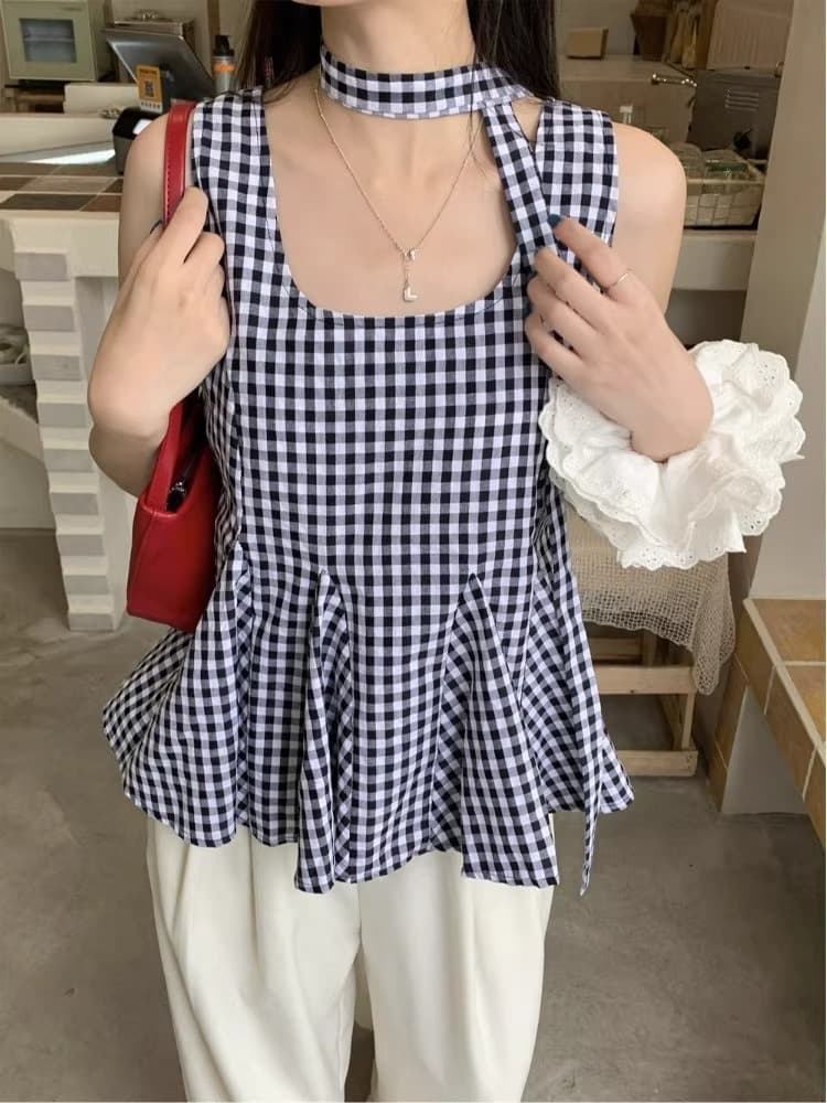같이 갔다. 벨트 측면 칼라 조끼 여성 여름 작은 셔츠 얇은 스타일 루즈핏 작은 대중 디자인 센스 체크무늬 외출용 멜빵 맨위 상세 이미지 4