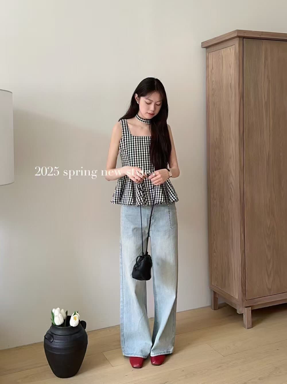 같이 갔다. 벨트 측면 칼라 조끼 여성 여름 작은 셔츠 얇은 스타일 루즈핏 작은 대중 디자인 센스 체크무늬 외출용 멜빵 맨위 상세 이미지 6