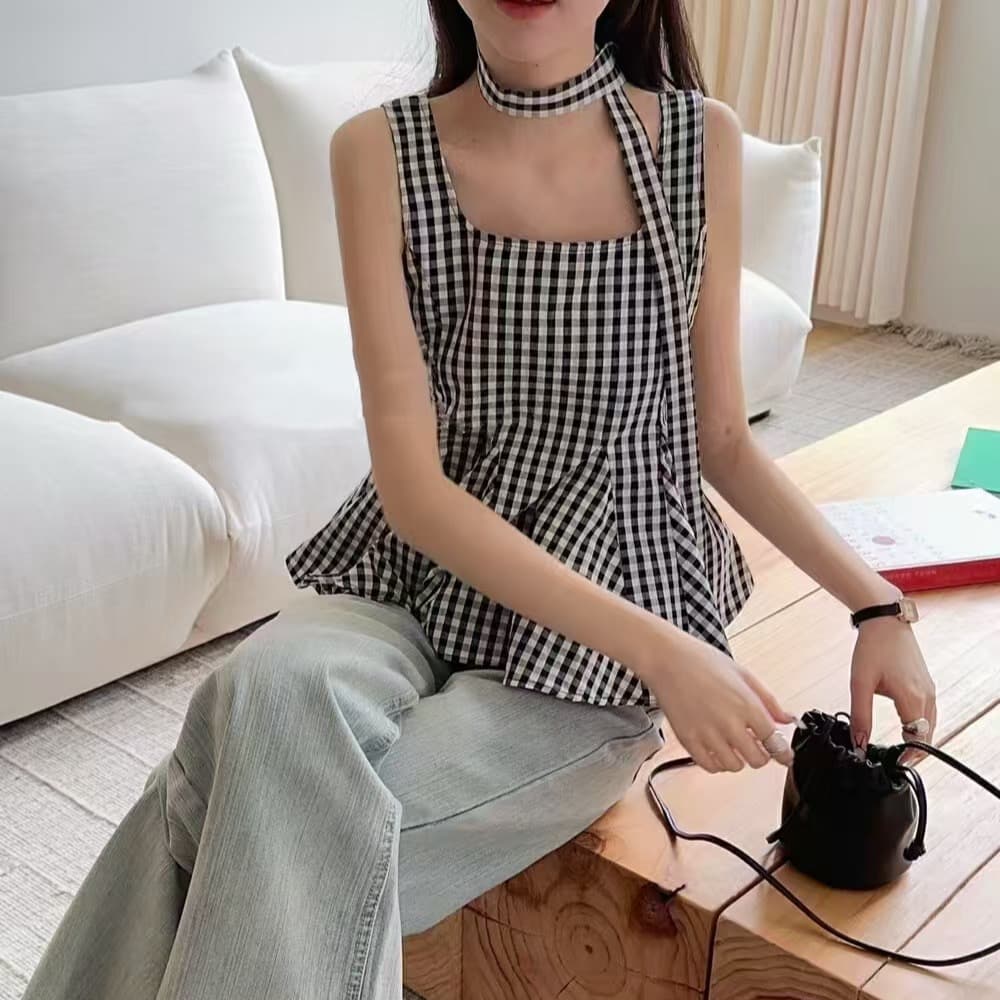 같이 갔다. 벨트 측면 칼라 조끼 여성 여름 작은 셔츠 얇은 스타일 루즈핏 작은 대중 디자인 센스 체크무늬 외출용 멜빵 맨위 상세 이미지 7
