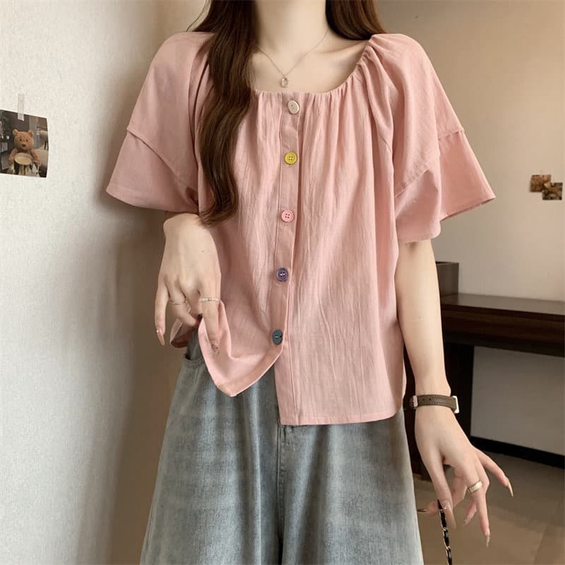 색상 버클 거품 소매 면 린넨 반팔 여성 셔츠 여름 빅 사이즈 지방 mm 루즈핏 표지 배 인형 작은 셔츠 연령 감소 맨위 이미지 5