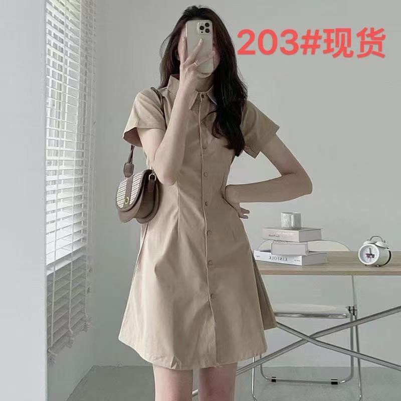 한국 chic 여름 미니멀리즘 품격 폴로 칼라 싱글 줄 버튼 허리 수축 슬림해 보이는 반팔 셔츠 스타일 작은 키 드레스