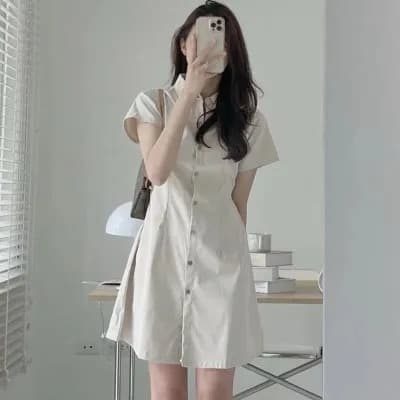 한국 chic 여름 미니멀리즘 품격 폴로 칼라 싱글 줄 버튼 허리 수축 슬림해 보이는 반팔 셔츠 스타일 작은 키 드레스 상세 이미지 1