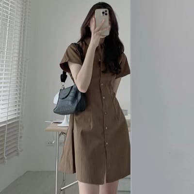 한국 chic 여름 미니멀리즘 품격 폴로 칼라 싱글 줄 버튼 허리 수축 슬림해 보이는 반팔 셔츠 스타일 작은 키 드레스 상세 이미지 2