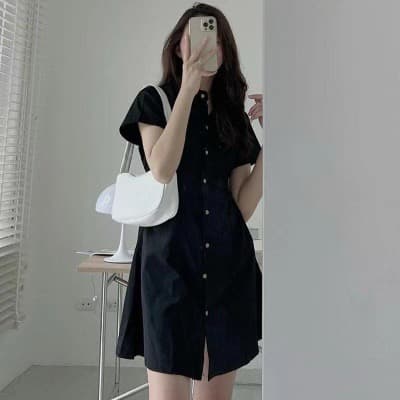 한국 chic 여름 미니멀리즘 품격 폴로 칼라 싱글 줄 버튼 허리 수축 슬림해 보이는 반팔 셔츠 스타일 작은 키 드레스 상세 이미지 3