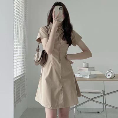 한국 chic 여름 미니멀리즘 품격 폴로 칼라 싱글 줄 버튼 허리 수축 슬림해 보이는 반팔 셔츠 스타일 작은 키 드레스 상세 이미지 4