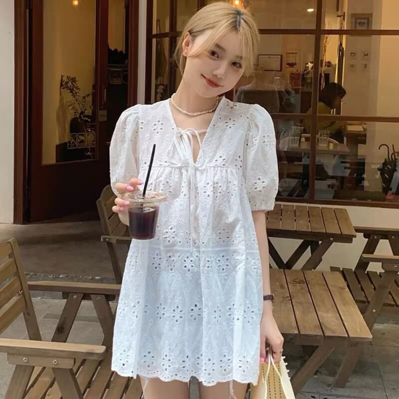 있음 선적 한국 chic 여름 한국 홀로우 아웃 루즈핏 인형 셔츠 자수 레이스 셔츠 화이트 면 린넨 셔츠