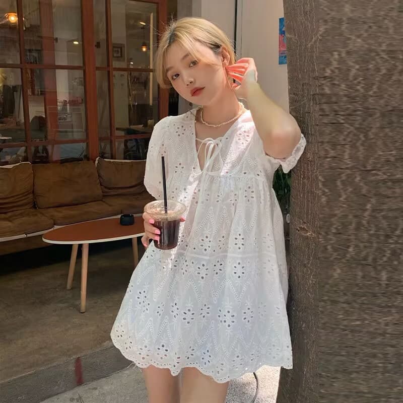 있음 선적 한국 chic 여름 한국 홀로우 아웃 루즈핏 인형 셔츠 자수 레이스 셔츠 화이트 면 린넨 셔츠 이미지 4